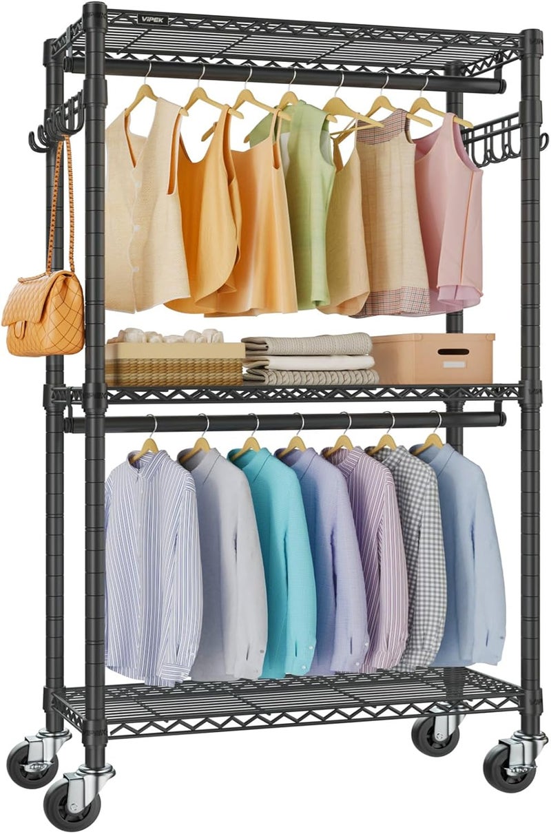 VIPEK R2 Medium Rolling Clothes Rack Heavy Duty Clothing Rack for Hanging Clothes Adjustable Metal Wire Shelving Portable Closet with Wheels Side Hooks, Freestanding Closet Wardrobe, Black - Image 1